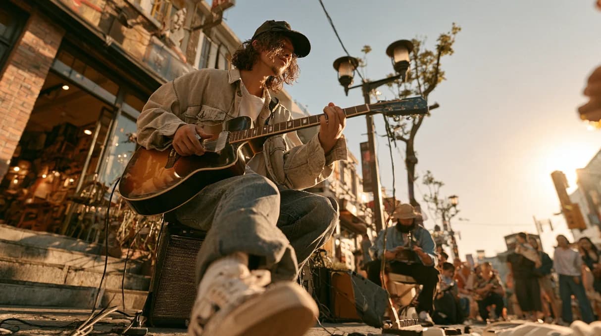 Street musician playing guitar before a crowd in warm evening light