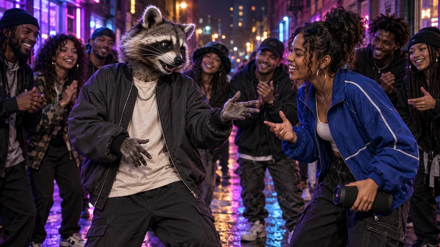 Freestyle movement between a raccoon character and a dancer on a neon-lit street