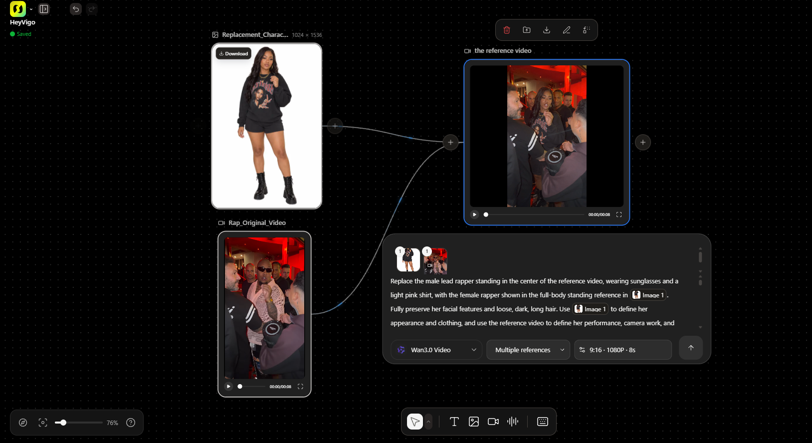 HeyVigo Infinite Canvas showing a reference photo, original freestyle video, prompt, and connected inputs
