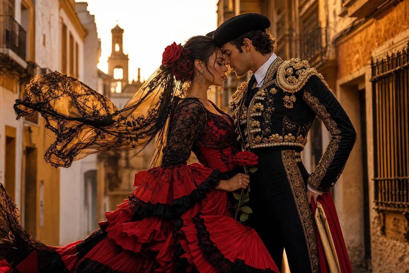 A woman in a red flamenco dress embraces a matador in a sunset-lit street
