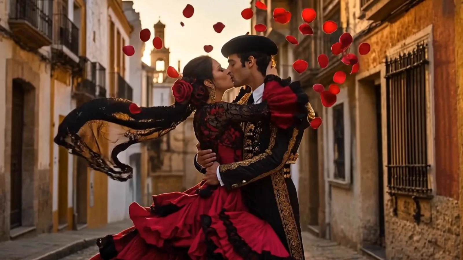 A flamenco dancer and a matador kiss beneath falling rose petals