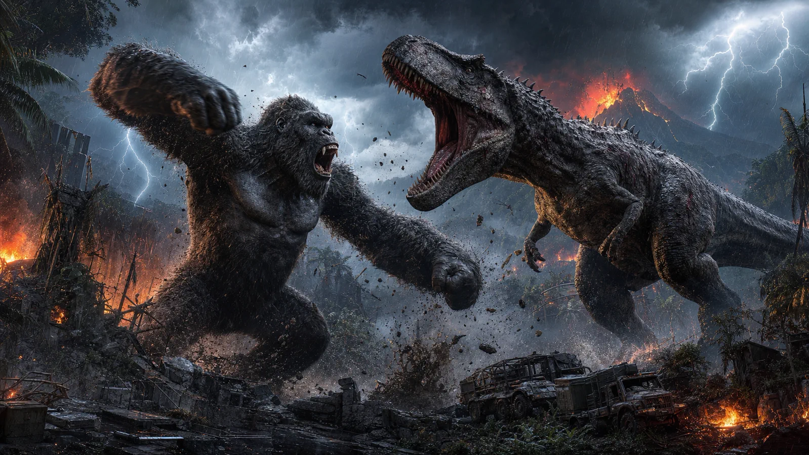 A giant gorilla battles a Tyrannosaurus rex on a stormy volcanic battlefield
