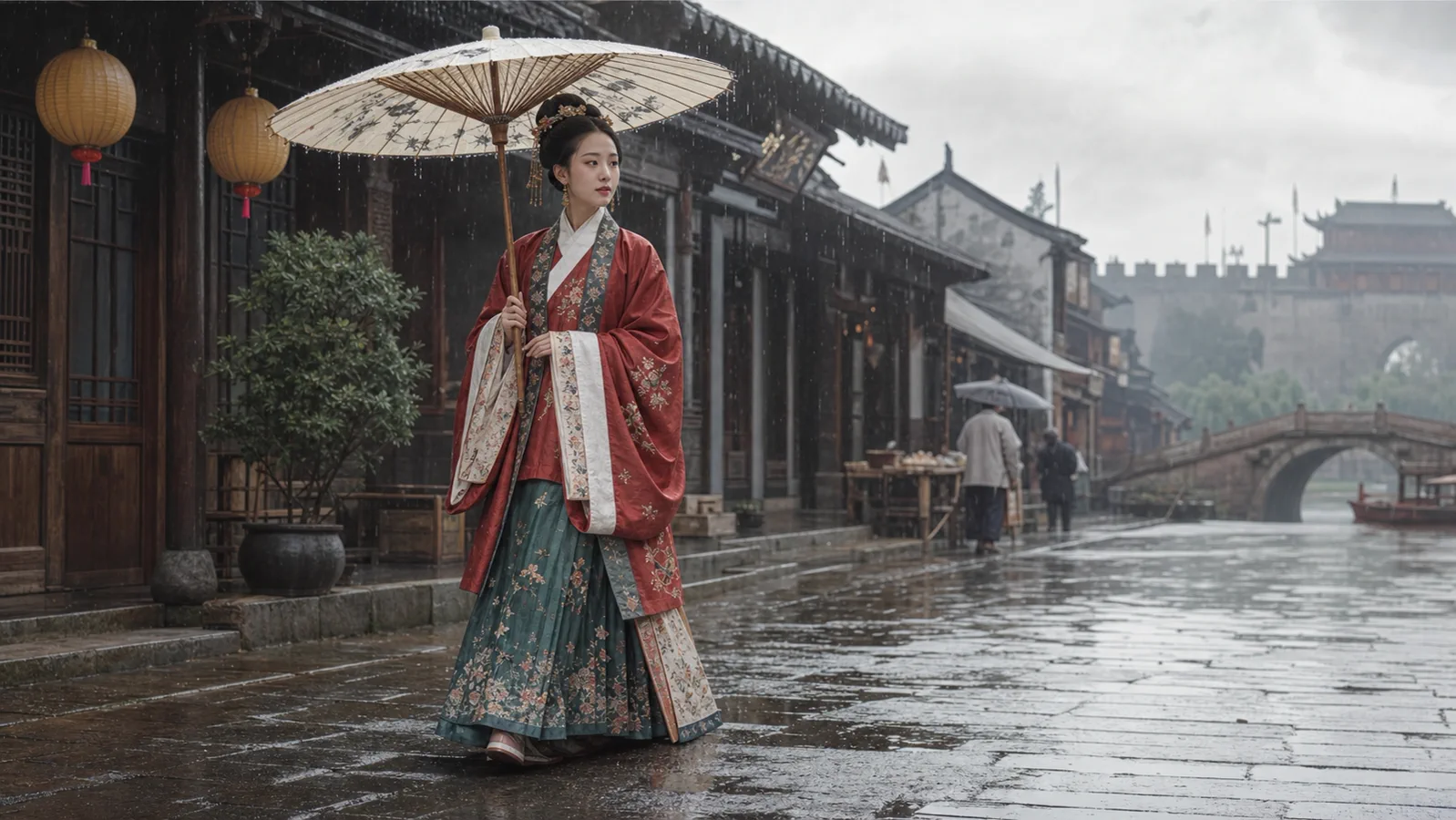 A woman in red Hanfu walks through a rainy ancient town with an umbrella