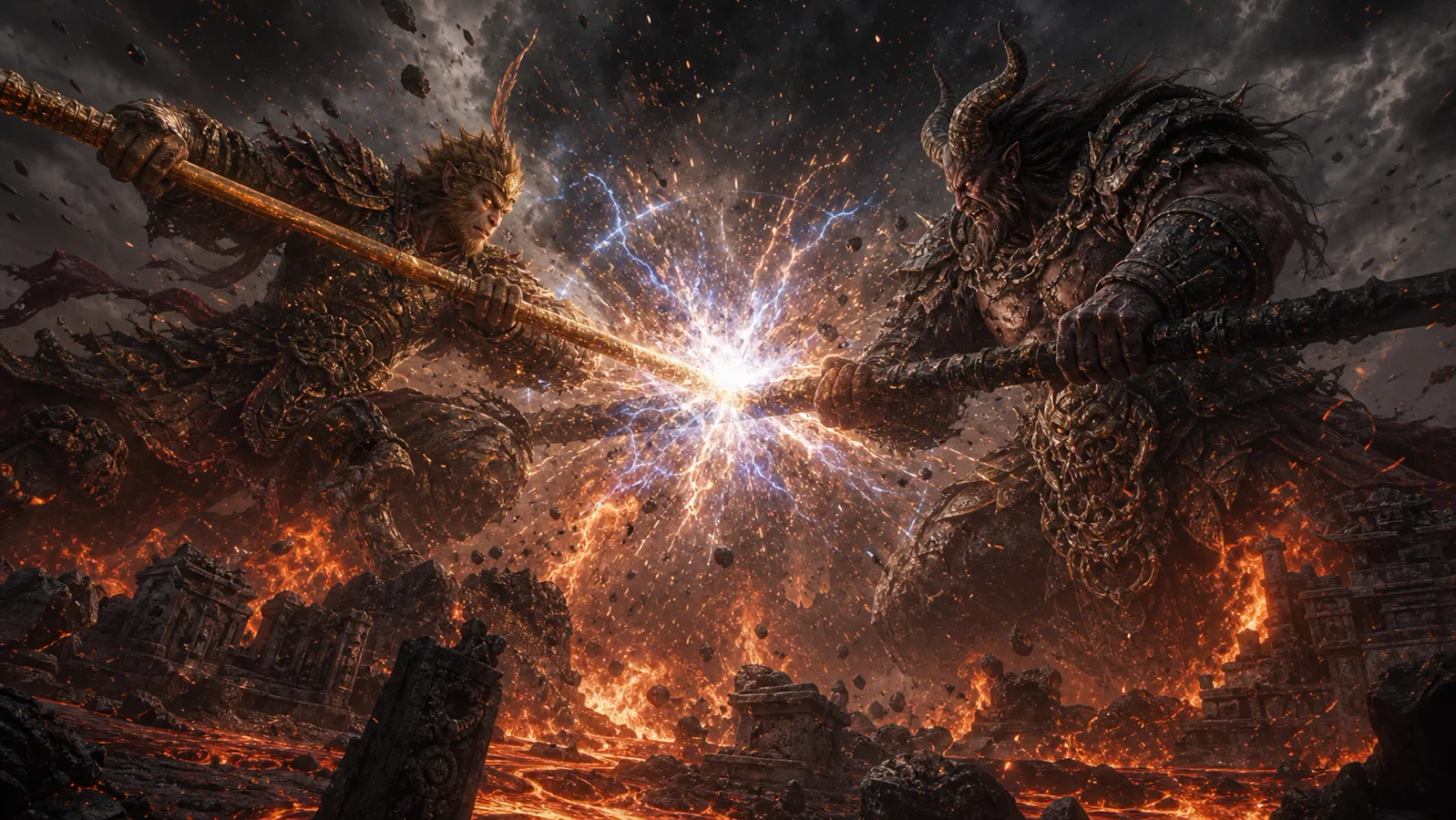 Sun Wukong clashes weapons with the Bull Demon King on a lava battlefield