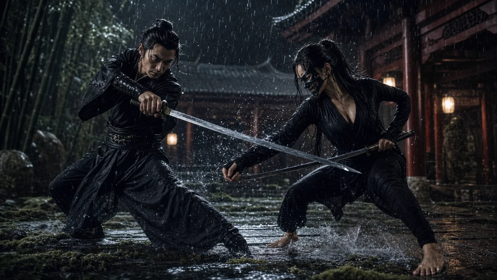 Two black-clad swordsmen duel with blades in a rain-soaked courtyard at night
