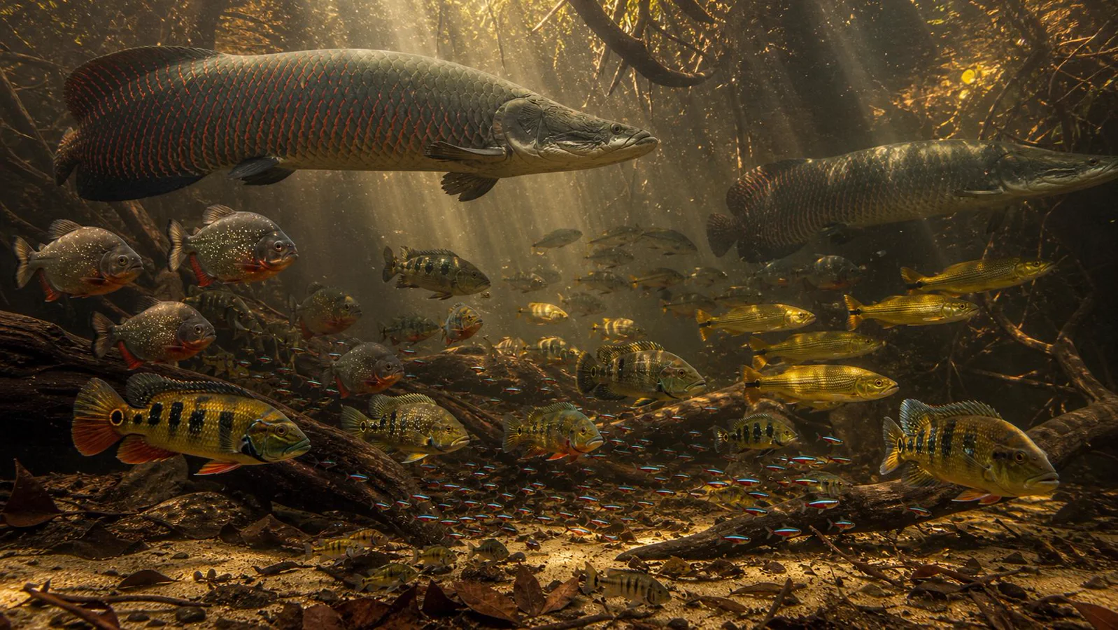 Sunlight filters through rainforest water as Amazonian fish swim below