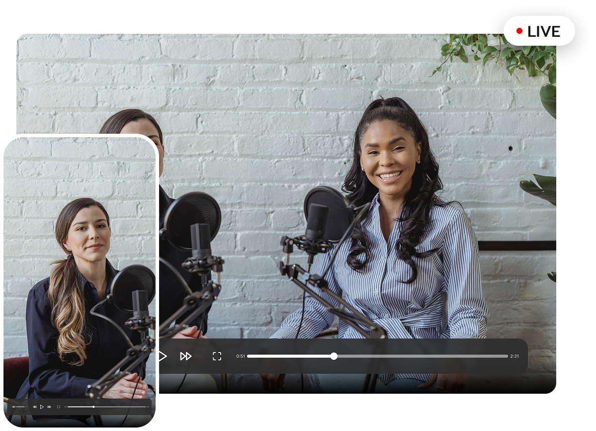 Live video production preview with podcast hosts on desktop and mobile